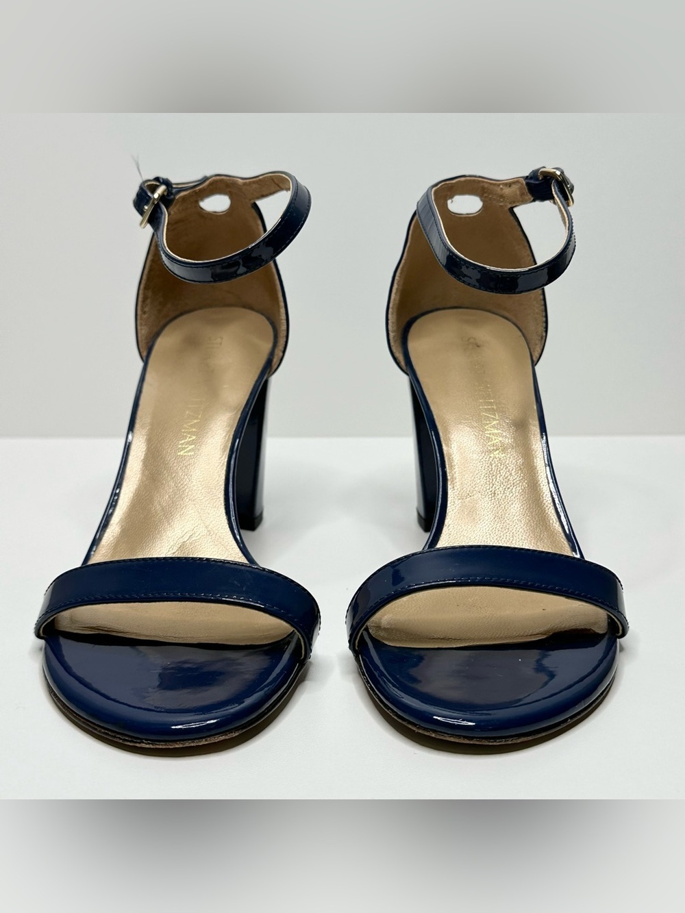 Stuart Weitzman Navy Blue Patent Leather Nudist Curve Heels Shoes Sandal - Picture 3 of 12